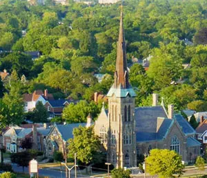 St Michael and All Angels stone church and spire in Sarnia